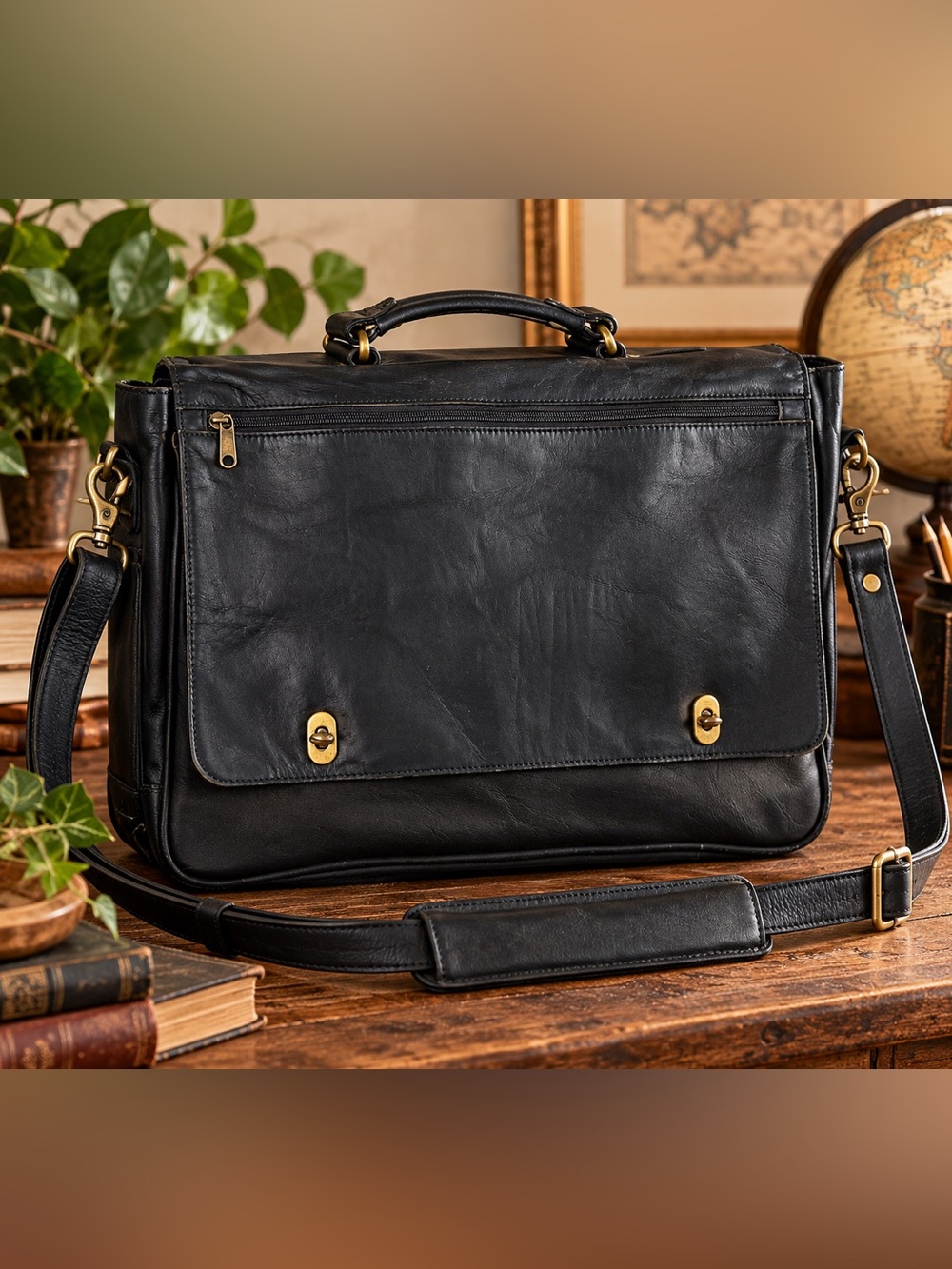 Boulder Ridge Black Leather Messenger Briefcase Laptop Shoulder Bag